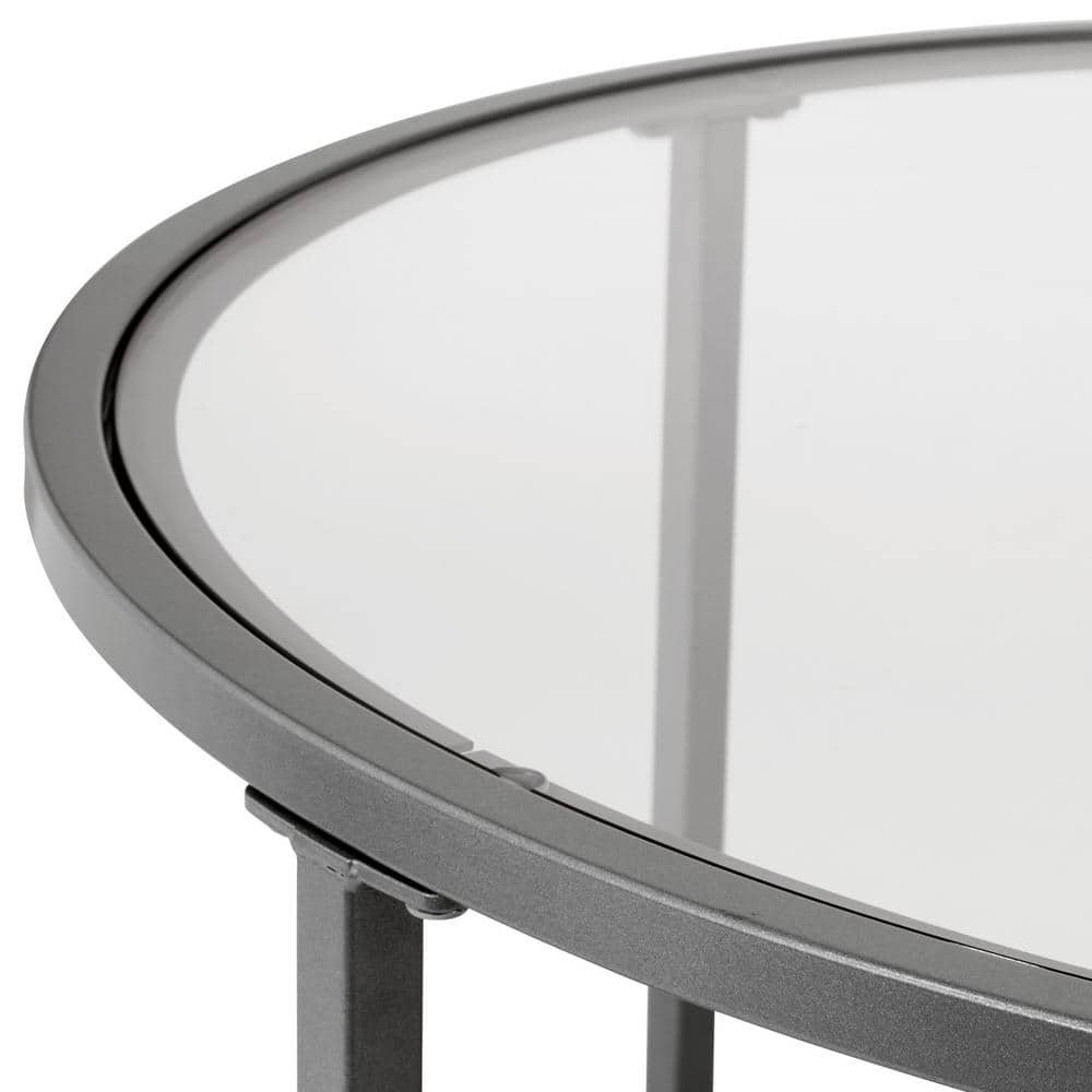 Pewter Round Glass Coffee Table with Steel Frame, 28 Inches