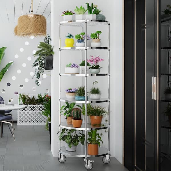 FUNKOL 6 Tier Chrome Plated Heavy-Duty Steel Round Shelf with 4 Wheels, Holds 2400 lbs. (29.17 in. x 29.17 in. x 84.53 in.)