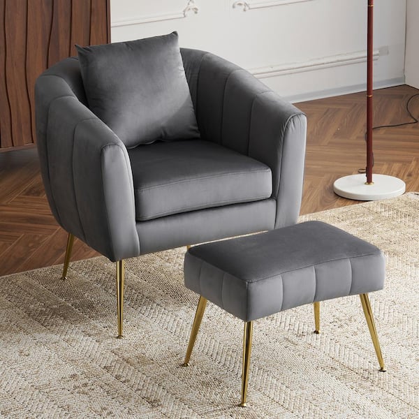 Gray Velvet Accent Chair with Ottoman