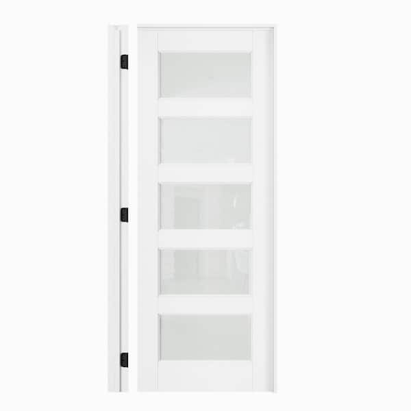 32 in. x 80 in. 5-Lite Frosted Glass Left Hand White Solid Core Glass Single Prehung Interior Door+ Quick Assemble Jamb