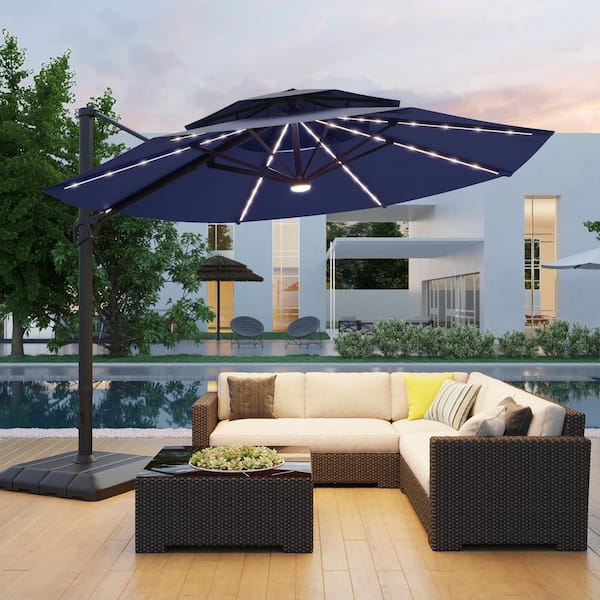 11 ft. Double Top Aluminum LED Cantilever Patio Umbrella with Base for Patio Deck Garden in Navy Blue