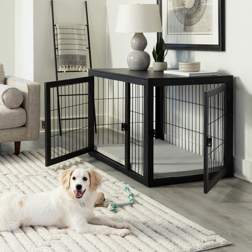 Large Black Acacia Wood and Metal Dog Crate Table