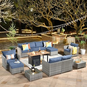 XIWD Gray 13-Piece Wicker Outerdoor Patio Storage Fire Pit Sectional Seating Set with Denium Blue Cushions