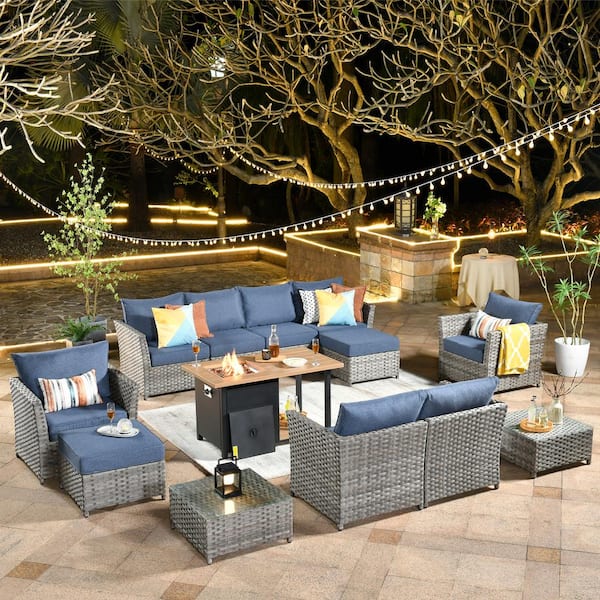 weaxty W XIWD Gray 13-Piece Wicker Outerdoor Patio Storage Fire Pit Sectional Seating Set with Denium Blue Cushions