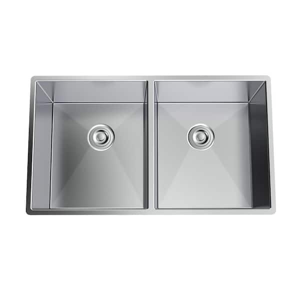 Maincraft Stainless Steel 37 in. Double Bowl Undermount Handmade Kitchen Sink Without Workstation