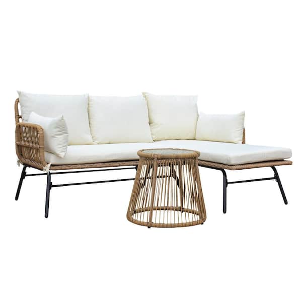 Unbranded 3-Piece Wicker Outdoor Sectional Set with Beige Cushion And Round Tempered Glass Table