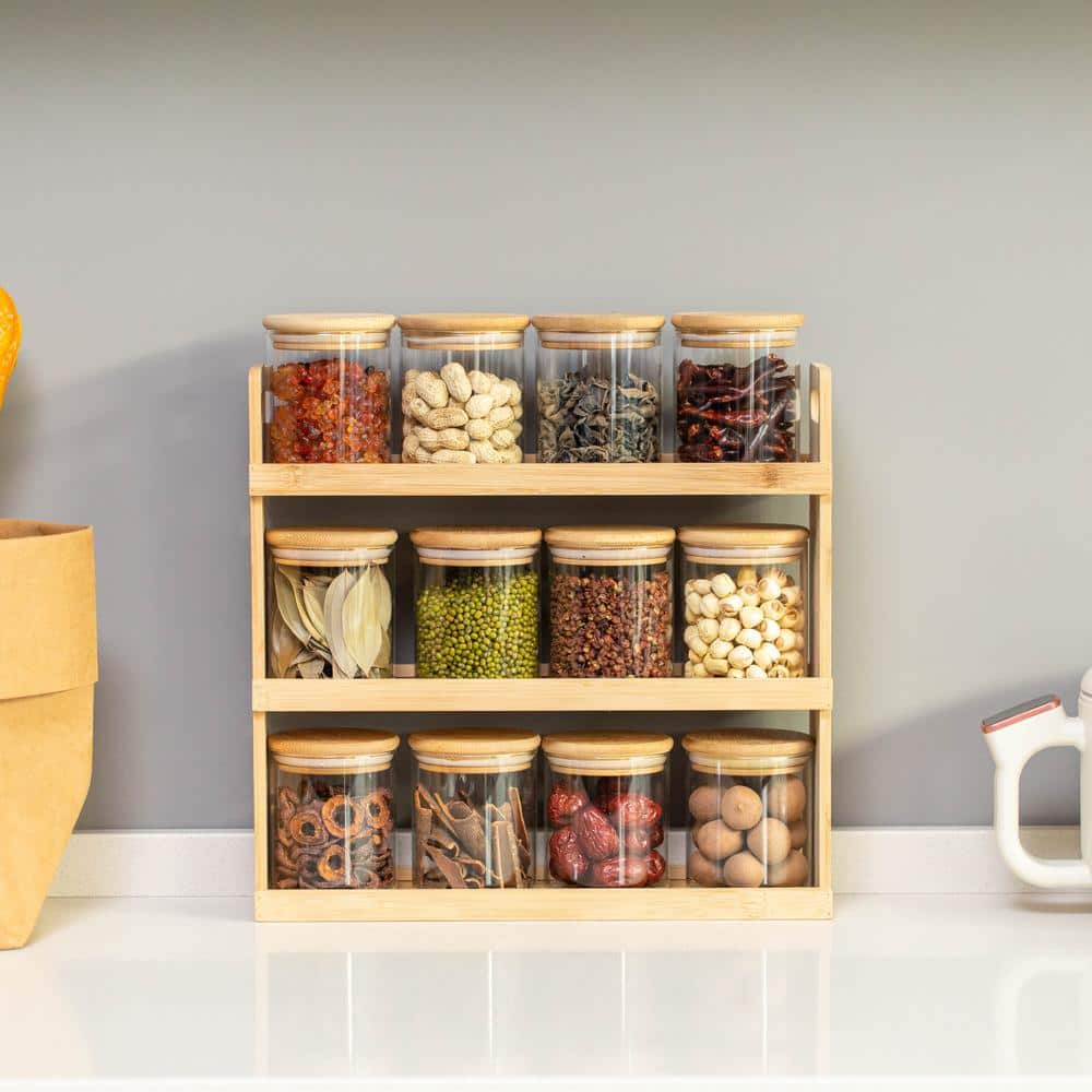 Versatile 3-Tier Bamboo Spice Rack with 12 Glass Jars