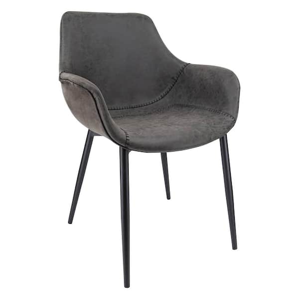 Leisuremod Markley Charcoal Black Modern Leather Dining Arm Chair with Black Metal Legs