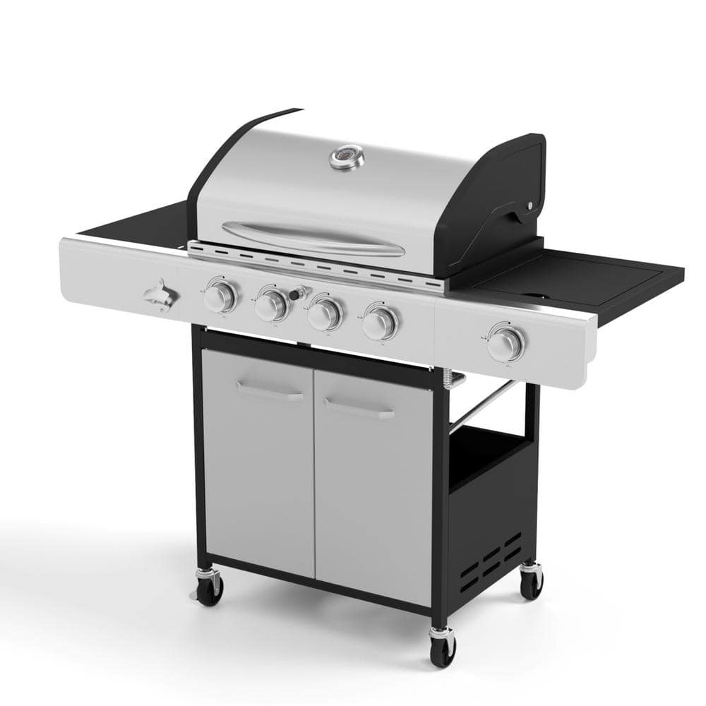 PHI VILLA 4Burner Propane Gas Grill in Stainless Steel with Side