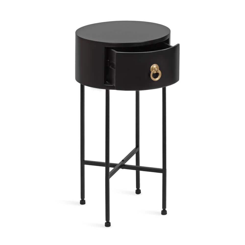 Black and Gold Round Wood Side Table with Storage