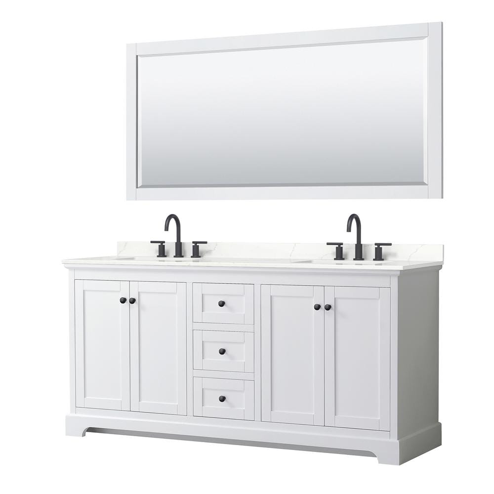Wyndham Collection Avery 72 in. W x 22 in. D x 35 in. H Double Bath Vanity in White with Giotto Quartz Top and 70 in. Mirror, White with Matte Black Trim -  840193390669