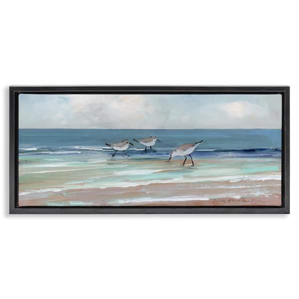 Panoramic Sandpipers on Shoreline by Sally Swatland Black Floater Frame Graphic Art Print Coastal 31 in. x 15 in.