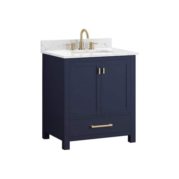 Modero 31 in. Single Sink Navy Blue Bath Vanity with Cala White Engineered Stone Top