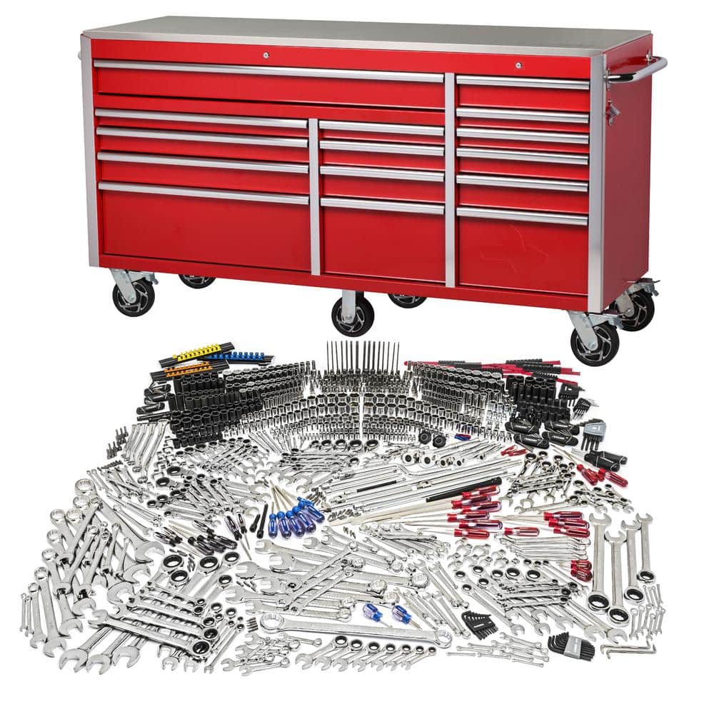 Husky 72 in. W x 24 in D Heavy Duty 15.-Drawer Mobile Workbench with Mechanics Tool Set (1,025-Piece) in Gloss Red, Gloss Red with Silver Trim -  H1025TB72REDCB