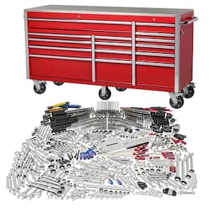 72 in. W x 24 in D Heavy Duty 15.-Drawer Mobile Workbench with Mechanics Tool Set (1,025-Piece) in Gloss Red
