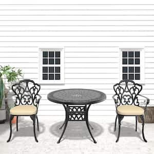 Lily Black 3-Piece Cast Aluminum Outdoor Dining Set with Round Table and Dining Chairs with Random Color Cushion