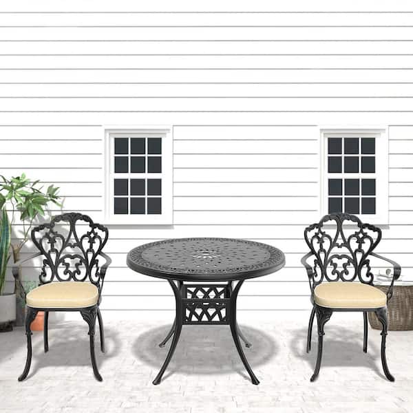Willit Lily Black 3-Piece Cast Aluminum Outdoor Dining Set with Round Table and Dining Chairs with Random Color Cushion