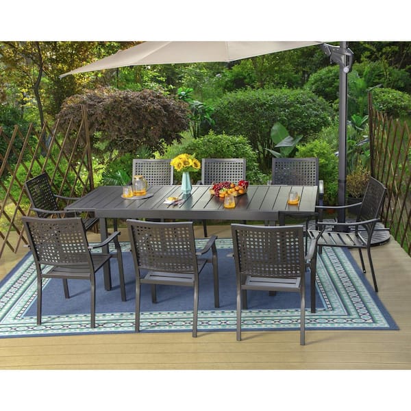 PHI VILLA 9-Piece Metal Patio Outdoor Dining Chairs Black Dining Sets with Extendable Table
