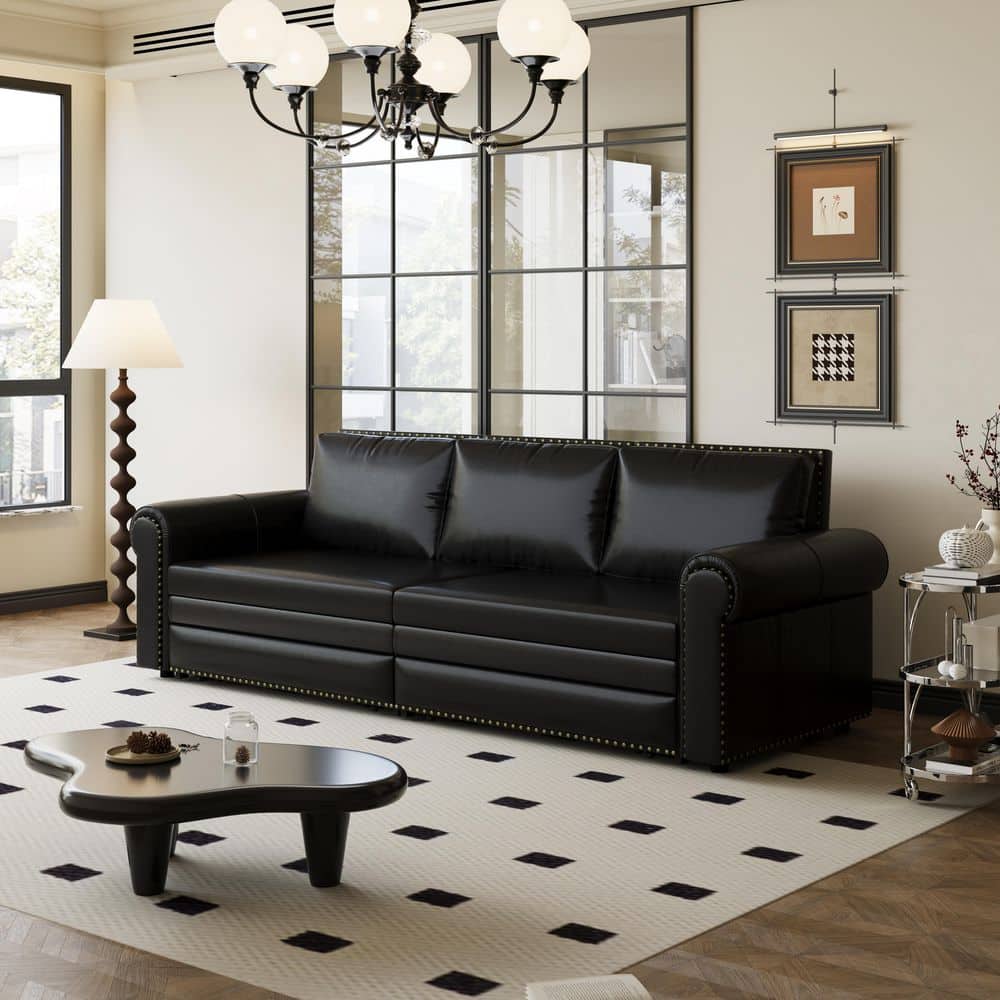 93.7 in. Rolled Arm Faux Leather Sofa in Black with Nailhead Trim and Rolled Arm price history on PriceWatchPro
