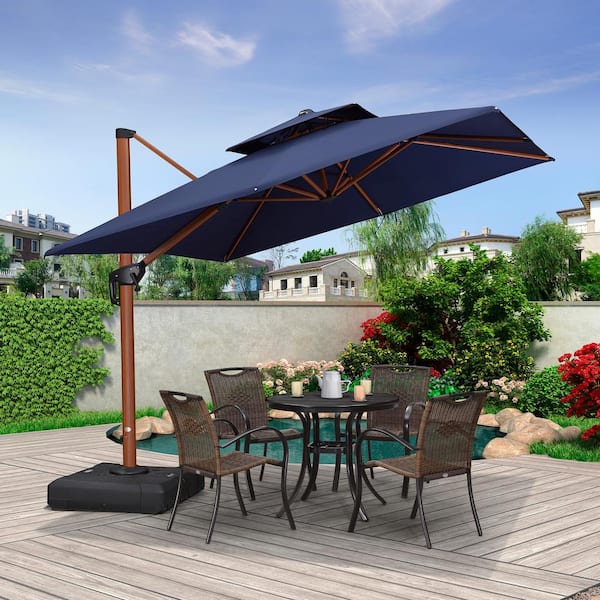 PURPLE LEAF 9 ft. Square High-Quality Wood Pattern Aluminum Cantilever Polyester Patio Umbrella with Base, Navy Blue