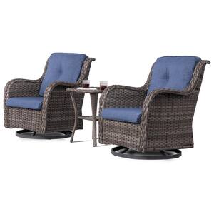 3-Piece Wicker Patio Conversation Set with Blue Cushions and Cover All-Weather Swivel Rocking Patio Chairs