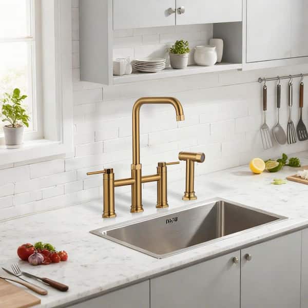 8 in. Double Handle Bridge Kitchen Faucet with Pull-Out Sprayer in Gold