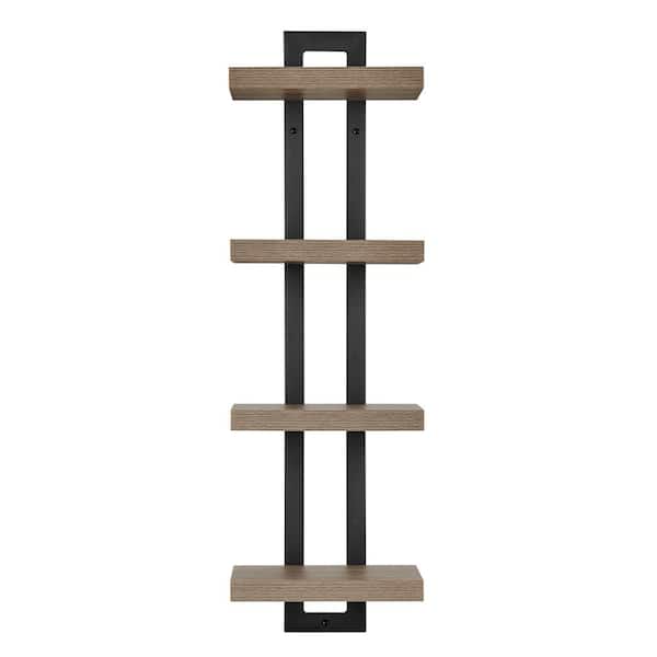 DANYA B 11 in. W x 7.6 in. D x 36 in. Walnut Black Metal 4-Tier Ladder Bracket Floating Decorative Wall Shelf