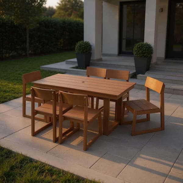 7-Piece Brown All-Weather HDPE Wood Outdoor Dining Set with Umbrella Hole and 6 Armless Chairs