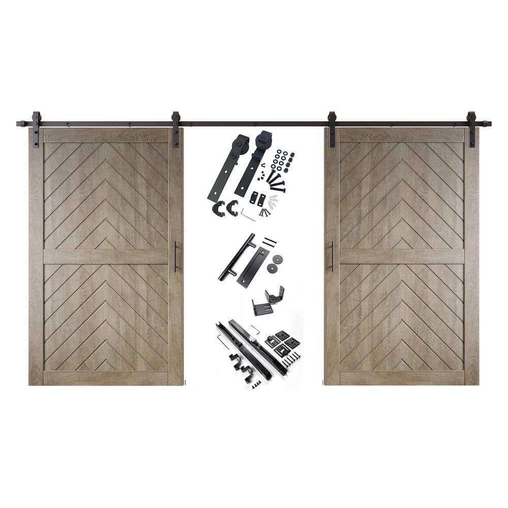 JT1 48 in. x 80 in. C-Panel Classic Gray Fishbone Design Double Pine Wood Sliding Barn Door with Hardware Kit price history on PriceWatchPro