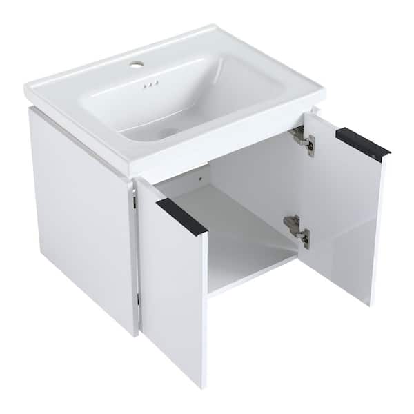 48 in. Wall-Mounted Single White Bath Vanity with White Ceramic Vanity Top Unassembled