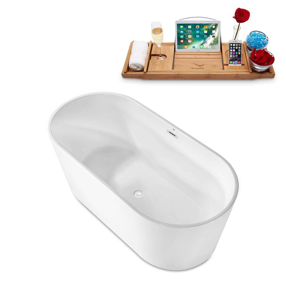 Glossy White Freestanding Acrylic Bathtub with Bamboo Tray