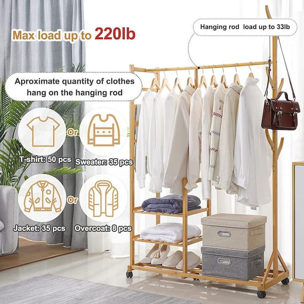 Natural Bamboo Garment Clothes Rack with Shelves 39.4 in. W x 60 in. H  rack-271 - The Home Depot