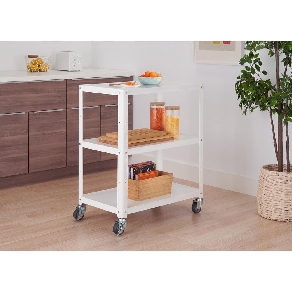 White Powder-Coated Metal Utility Cart with Adjustable Shelf