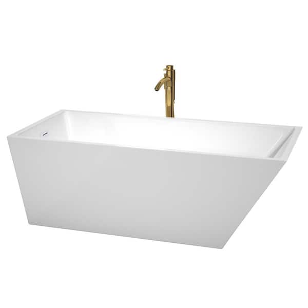 Wyndham Collection Hannah 67 in. Acrylic Flatbottom Bathtub in White with Shiny White Trim and Brushed Gold Faucet