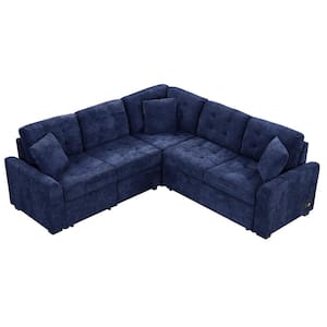 82.6 in. L Shaped Velvet Pull-out Sectional Sofa Bed in Navy Blue with Wheels, USB Ports and Power Sockets