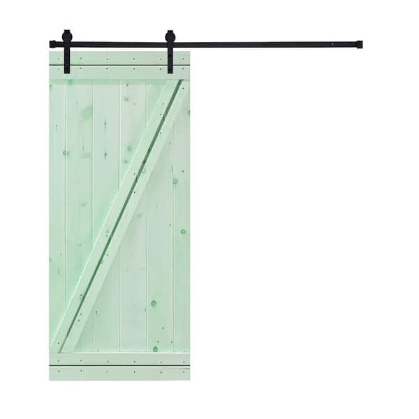 AIOPOP HOME Modern Z Style Series 42 in. x 84 in. Iced Mint Green stained Knotty Pine Wood DIY Sliding Barn Door with Hardware Kit