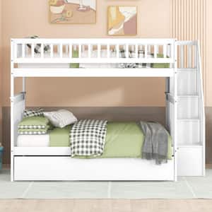Full Over Full Bunk Bed with Trundle and Stairs,Detachable Wood Bunk bed Frame with Storage Shelves for Kids Teens,White