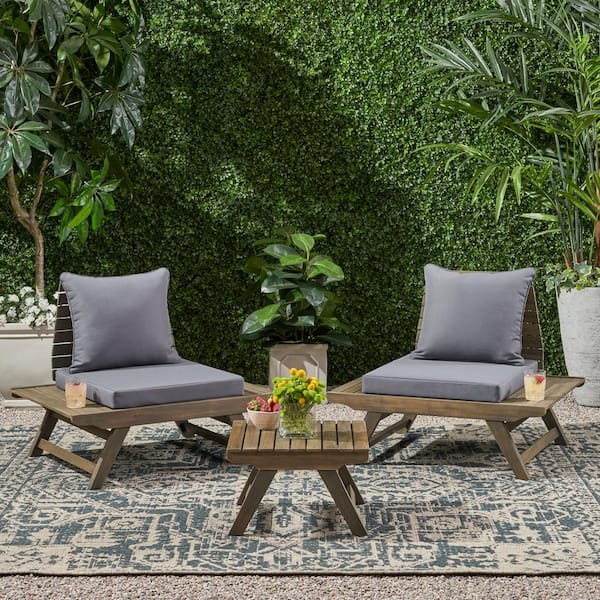 Noble House Sedona Grey 3-piece Acacia Wood Outdoor Patio Conversation Set with Dark Grey Cushions
