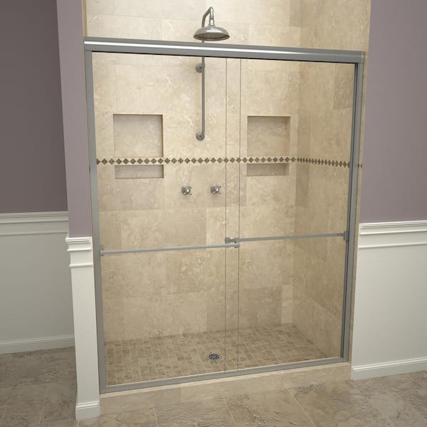 Redi Slide 1000 Series 60 in. W x 70 in. H Semi-Frameless Sliding Shower Doors in Brushed Nickel with Towel Bar and Clear Glass