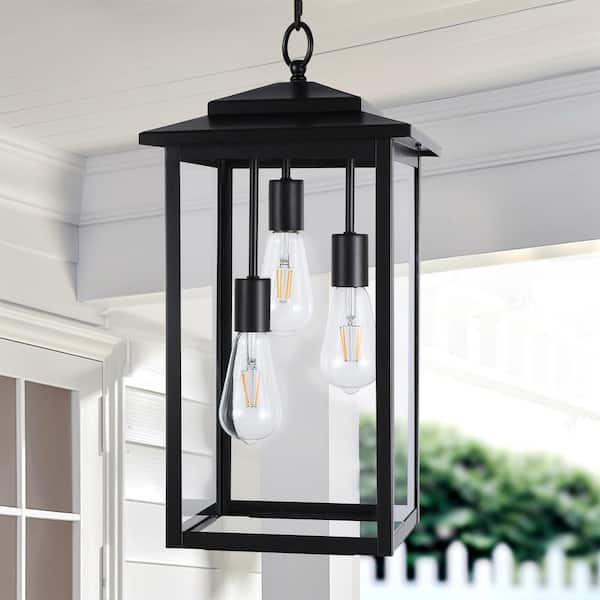 21 in. 3-Light Matte Black Outdoor Hanging Pendant Light with Clear Glass