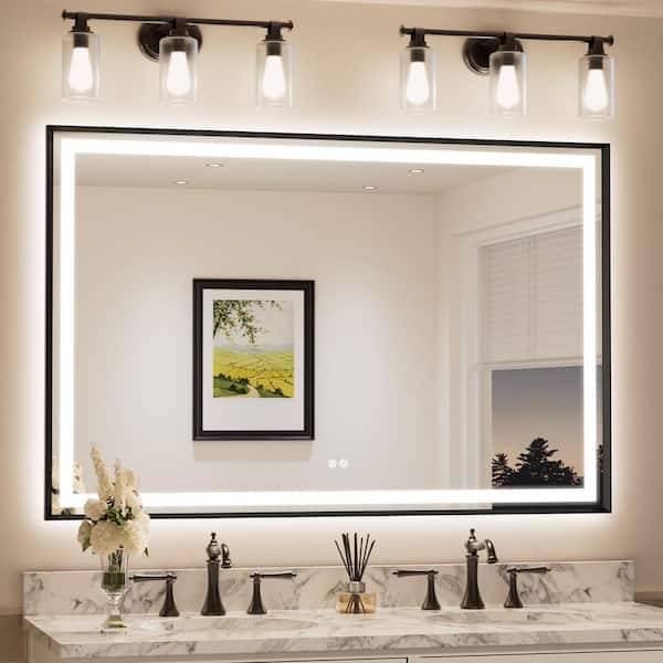60 in. W x 30 in. H Rectangular Framed LED Lighted Bathroom Vanity Mirror with Light in Black with Backlit and Anti-Fog