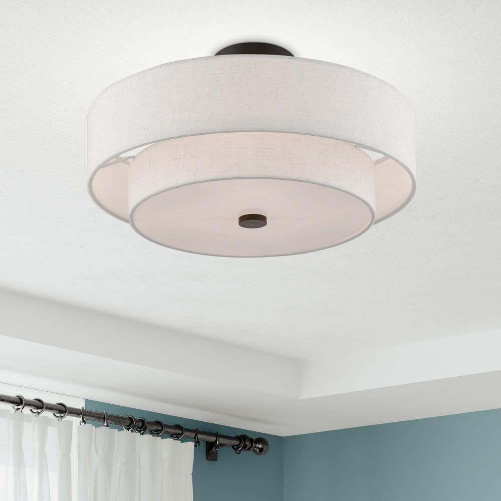 English Bronze 4-Light Indoor/Outdoor Drum Ceiling Fixture with Oatmeal Shade