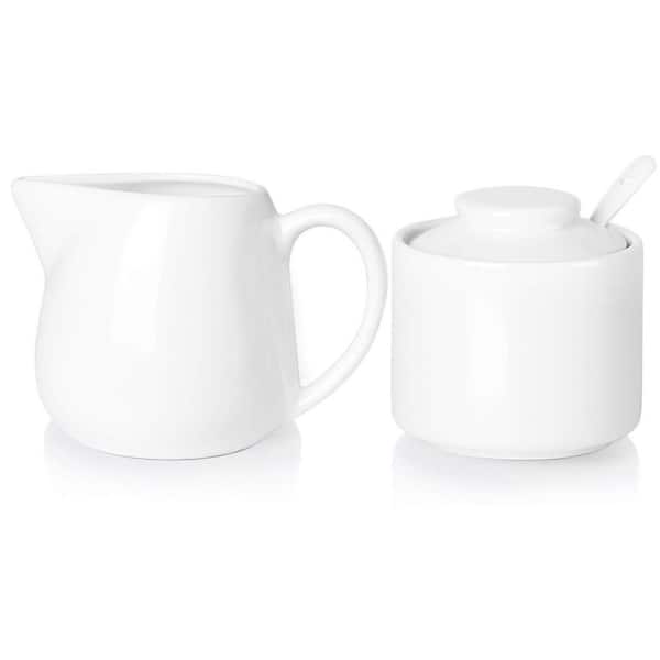 8 fl. oz. White Porcelain Sugar and Creamer Set with Cream Pitcher, Spoon, Sugar Bowl and Lid (Set of 3), Easy Clean