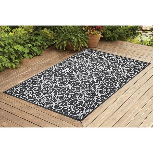 Waterproof Outdoor Rug 6x9 Ft Large Area Rug Green Plants Floral Leaf Black  Background Indoor Outdoor Carpet Reversible Outdoor Rugs Mats for Patio