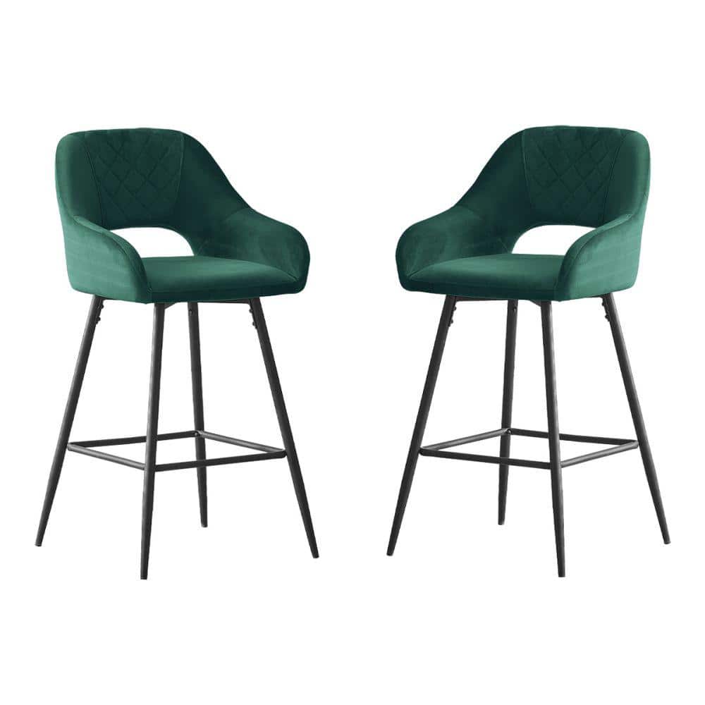 38.2 in. Metal High Back Outdoor Bar Stool with Green Velvet Cushion (Set o