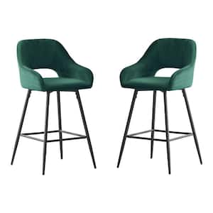 38.2 in. Metal High Back Outdoor Bar Stool with Green Velvet Cushion (Set of 2)