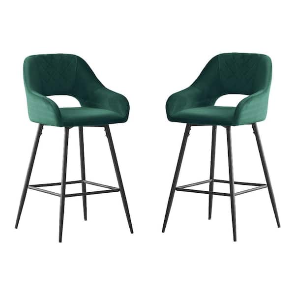 Amucolo 38.2 in. Metal High Back Outdoor Bar Stool with Green Velvet Cushion (Set of 2)