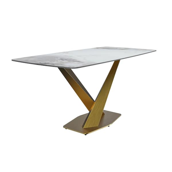 Leisuremod Voren Modern Medium Grey Stone Tabletop 62 in. Double Pedestal Base Dining Table 8-Seater in Gold Stainless Steel