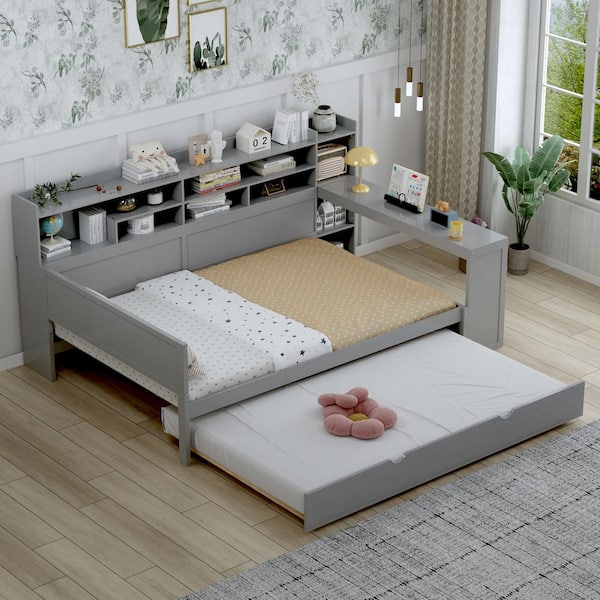 Gray Full Size Multi-Functional Wood Daybed with Study Desk and Twin Size Trundle Bed