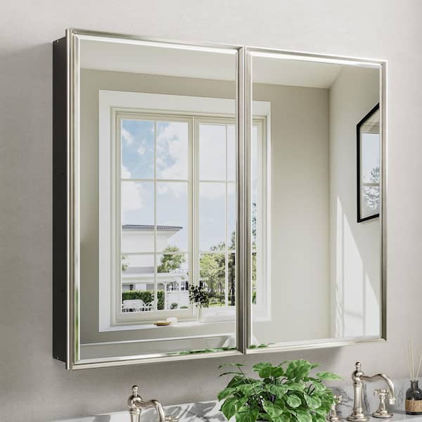 Musey 40 in W x 30 in H Brush Nickel Rectangular Aluminum Medicine Cabinet with Beveled Mirror, Recessed or Surface